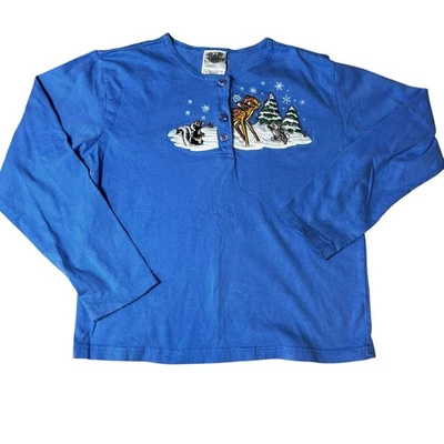 Vintage Disney Store Bambi Thumper Flower embroidered Holiday henley girl 10-12 - Image 1 of 4
