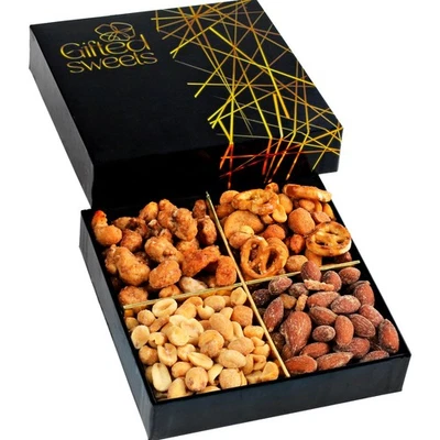 GIFTED SWEETS Flavored Nuts Gift Box - 4 Variety Sampler - Gourmet Nut & Pretzel Basket - G...