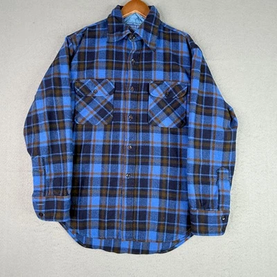Vintage JCPenny’s 70s Virgin Wool Blue Plaid Button Up Shirt Men’s Large FLAW - Image 1 of 4