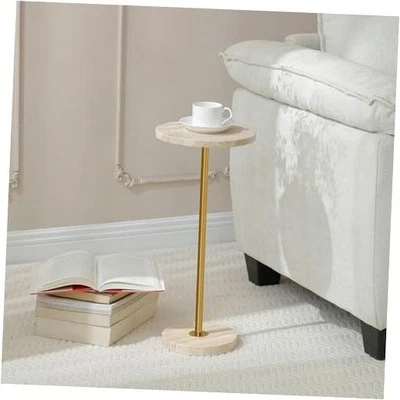 Mesa redonda de mármol Φ9,8 pulgadas, pedestal acabado piedra beige acabado piedra Foto 1 de 4