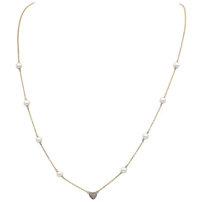 Collar de cadena de diamantes de corte redondo de 0,03 quilates de oro amarillo de 14 k y perlas de 4,5 mm Foto 1 de 4