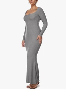 Women'S Bodycon Maxi Dress Ribbed Long Sleeve Lounge Long Dress Square Neck Sz M - Picture 1 of 6