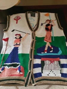 BEREK 1989 Marta D Uruguay Handknit Woman Golf Theme Sweater Vest Sz.M #315 - Foto 1 di 12