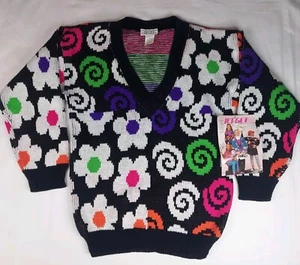 NWT Vintage Girls 10/12 Jet Set 1980's Sweater Hearts Swirls V-neck Colorful Med - Picture 1 of 8