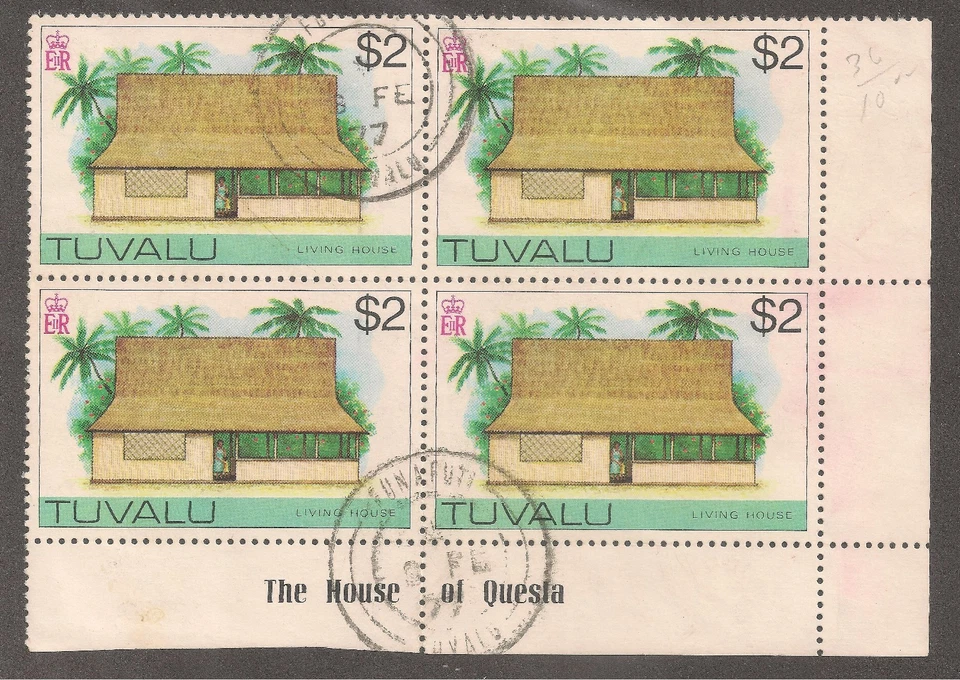 Tuvalu #36 (A3) VF USED BLOCK - 1976 $2 The House Of Questa - Image 1 of 1