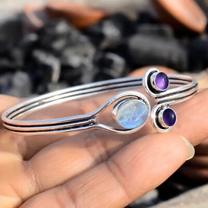Moonstone, Purple Amethyst Gemstone Bracelet 925 Sterling Silver Jewelry Bangle - Picture 1 of 8