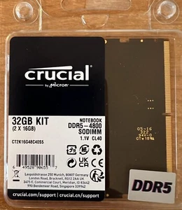 Crucial 32GB Kit (2x 16GB) DDR5 4800 PC5-38400 SODIMM Memory CT2K16G48C40S5 - Picture 1 of 2