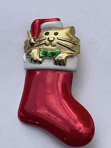 Vintage Metallic Gold & Red Tone Christmas Sock Boot Cat Holiday Pin Brooch - Picture 1 of 8