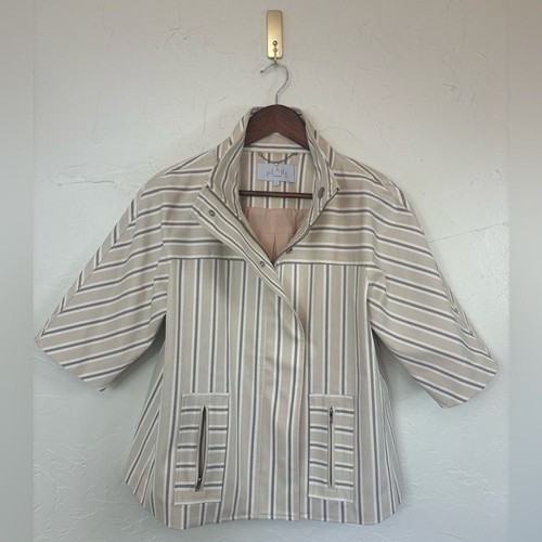 OFF WHITE PEARL BY LELA ROSE giacca donna a righe denim bianco panna manica 3 4 oversize