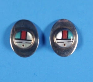 Vintage S. Edaakie Zuni Inlaid Sterling Silver Clip Earrings 4.1g - Picture 1 of 8