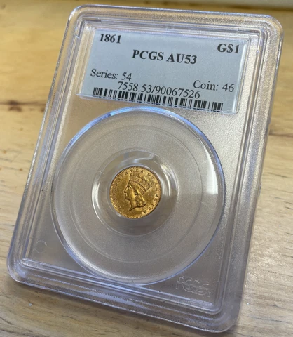 1861 G$1 Liberty PCGS AU-53 STUNNING EYE APPEAL US Gold Dollar Coin Pre-33 Gold Cover
