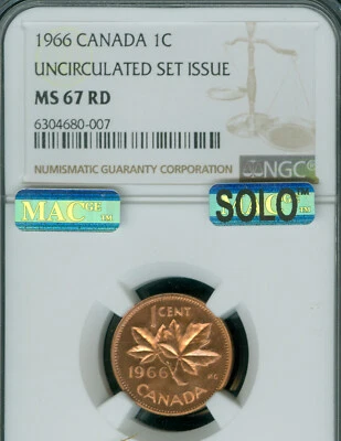 1966 CANADA CENT NGC MS67 RD PQ MAC SOLO FINEST GRADED & SPOTLESS * - Image 1 of 4