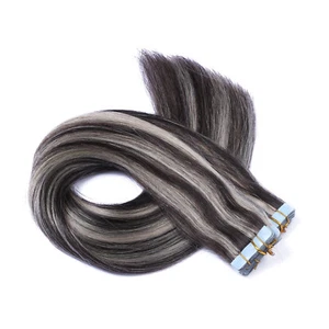 Tape In On 1B/GREY GESTRÄHNT Hair Extensions 100% Echthaar Haarverlängerung Haar - Bild 1 von 5
