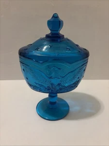 L.E. Smith blau Glas Adler Sterne bedeckt Kompott Süßigkeiten Schale Vintage 81/4" USA - Bild 1 von 7