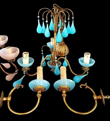 lustre pampilles opaline/ Murano  bleu, ensemble  lustre et applique pampilles.  - Photo 1/4