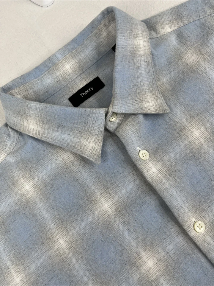 $285 Theory Irving franela desvanecida azul a cuadros para hombre talla XXL 2XL abotonada manga larga Foto 1 de 4