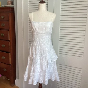 Ralph Lauren 100 % Leinen weiß bestickt Midikleid Größe 10 Rüschensaum & Spagh - Bild 1 von 21