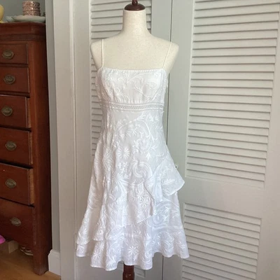 Ralph Lauren 100% Linen White Embroidered Midi Dress Size 10 Ruffled Hem & Spagh - Image 1 of 4