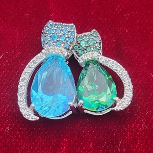 Cat Couple Pendant .75" 925 Silver Teal Green Gems Kitties In Love Marked AJ - Picture 1 of 5