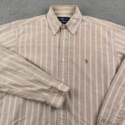 Camisa polo masculina vintage Ralph Lauren 15,5 35 marrom listrada Oxford botão para baixo casual - Imagem 1 de 4