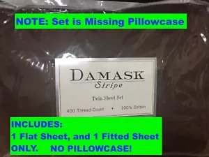 DAMASK STRIPE🔹Twin Sheet Set🔹400 Thread Ct🔹100% Cotton🔹Chocolate🔹NEW IN BOX - Picture 1 of 3