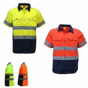 New 100% Cotton HI VIS Safety Short Sleeve Drill Shirt Workwear w Reflective Tap - Picture 1 of 5