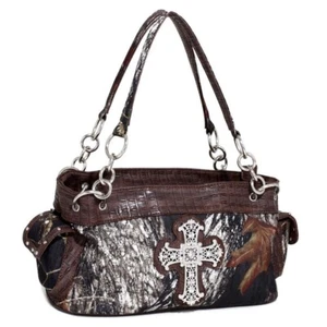 Mossy Oak Camo Rhinestone Cross Purse Handbag Brown - Picture 1 of 1