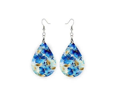 Pendientes colgantes de madera floral azul dorado estampado lágrima joyería Foto 1 de 4