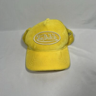 DE COLECCIÓN Y2K 2000S AMARILLO VON DUTCH CAMIONERO SOMBRERO AJUSTABLE ESPALDA BORDADO Foto 1 de 4