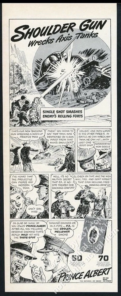 1943 Bazooka arte soldados del ejército de Estados Unidos príncipe Alberto tabaco anuncio impreso vintage Foto 1 de 1