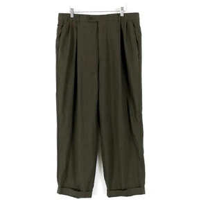 Hart Schaffner Marx Wool Green Star Check Pleated Cuffed Dress Pants 35/28 High - Picture 1 of 10