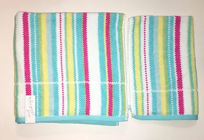 JUEGO DE 2 PIEZAS ROSA AGOSTO, BLANCO, AZUL, AMARILLO RAYAS 100% ALGODÓN BAÑO + TOALLA DE MANO Foto 1 de 4