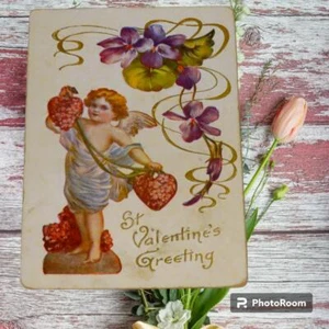 Antigua postal de felicitación de San Valentín querubín de 1910 en relieve - Imagen 1 de 3