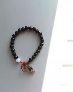 New men's  black ebony wood  with gemstone and sterling silver handwovenbracelet - Picture 1 of 4