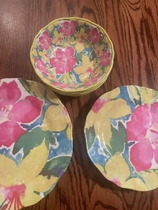 NICOLE MILLER PINK YELLOW Scalloped Hibiscus Melamine Set Of 11 Plates &Bowls - Picture 1 of 11