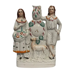 Antique Victorian English Staffordshire Porcelain Mantle Figurine -Couple w/Deer - Bild 1 von 6