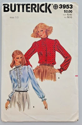VTG 80s Butterick Sew Pattern 3953 Misses High Neck Ruffle Blouse Shirt 16 CUT - Image 1 of 3