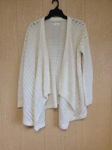 Lou & Grey Cardigan Sweater Eyelet Tight Knit Open Front sz Large Cream - Picture 1 of 5