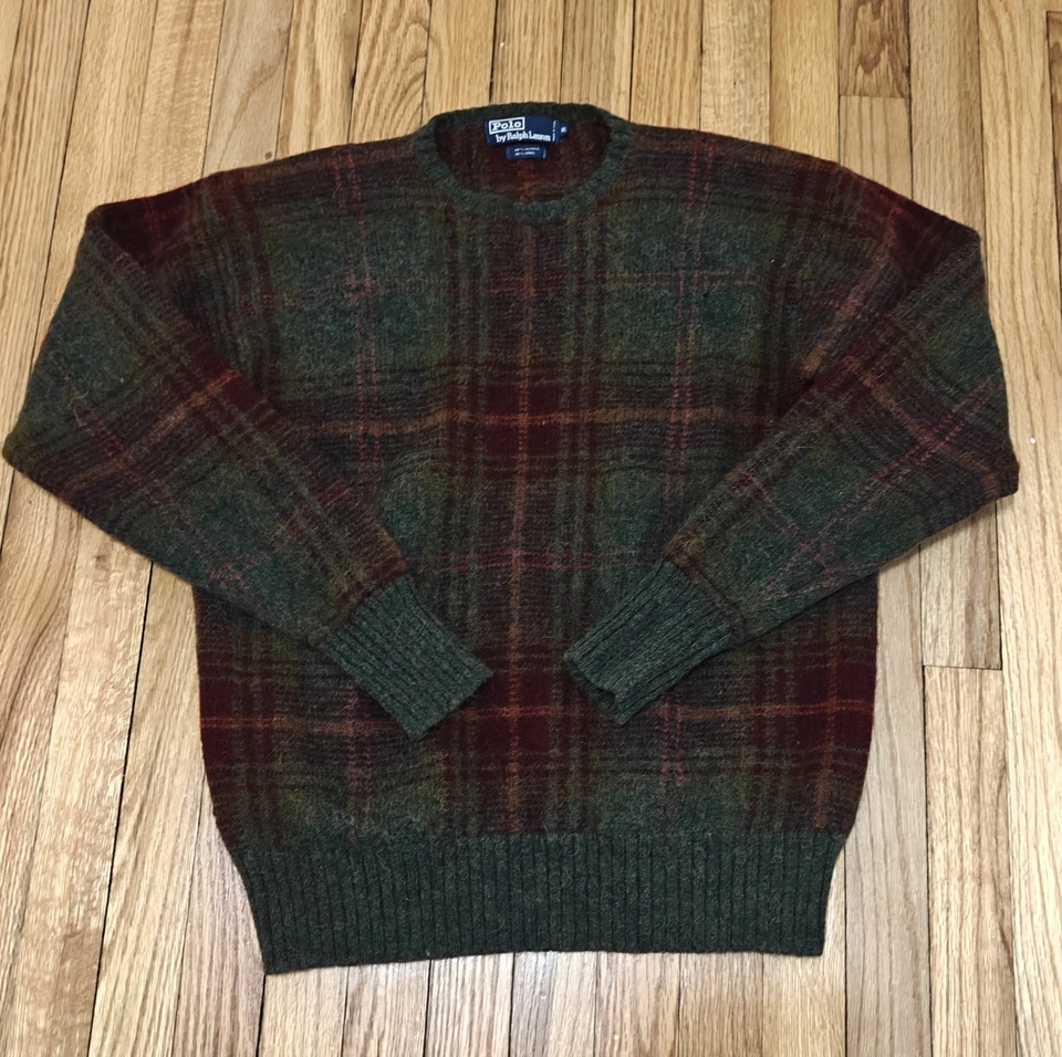 Vintage 90's Polo Ralph Lauren Sweater L Green Wool Lambswool Plaid Cabin Core - Image 1 of 4