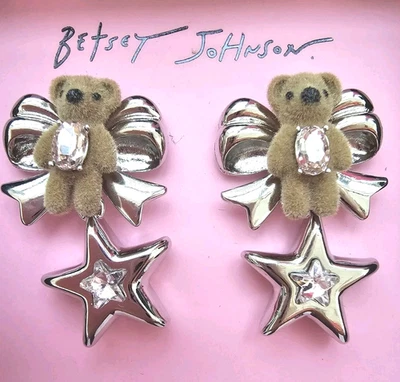 Betsey Johnson Star Fuzzy Teddy Bear Bow Gir Crystall Drop Earrings New in Box - Image 1 of 3