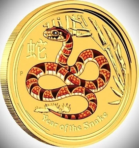 Feingoldmünze 5 Dollars 2013 Jahr der Schlange coloriert OVP Lunar Snake Gold ST - Bild 1 von 2