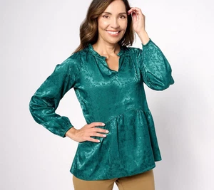 Isaac Mizrahi Live! Women's Top Size 16 Stretch Jacquard Shirred Green New - Picture 1 of 3