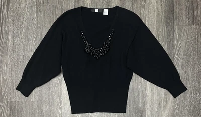 Suéter Saks Fifth Avenue para mujer grande negro 100 % cachemir con cuentas cuello en V Foto 1 de 4