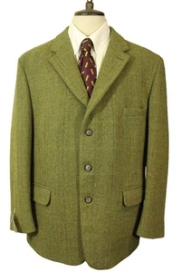 Vtg Green Herringbone 46" Bespoke Tailored Thick Tweed Sporting Hacking Jacket - Picture 1 of 8