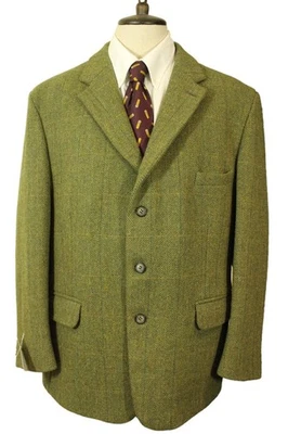 Vtg Green Herringbone 46" Bespoke Tailored Thick Tweed Sporting Hacking Jacket - Image 1 of 4