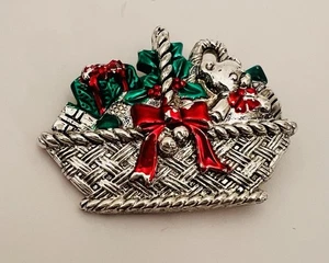 Broche prendedor y colgante de peluche vintage MEJOR marca canasta de Navidad tono plata - Imagen 1 de 4
