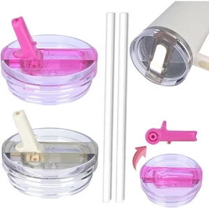 Stanley Cup Deckel auslaufsicher Set 2 mit 2 Strohhalmen Ersatz weiß rosa Zub... - Bild 1 von 10