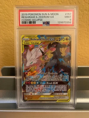 2019 Pokemon Sun & Moon Cosmic Eclipse Reshiram & Zekrom GX 157/236 PSA 9 Mint - Image 1 of 2