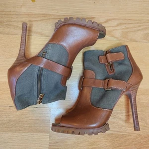 Tory Burch Oreon Open Toe Ankle Boots Brown Leather ArmyFabric High Stacked 9.5M - Picture 1 of 9