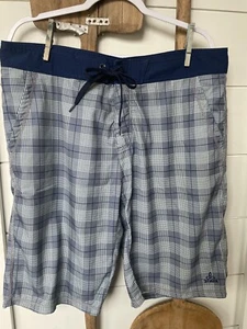 PRANA Breathe Mens Size 38 Blue Gray Plaid Drawstring Swim Trunks Board Shorts - Picture 1 of 5